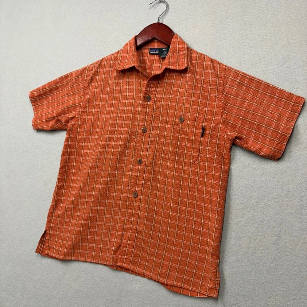 Patagonia Plaid Button Up Shirt Kids Small 7-8 Orange Short Sleeve Gorpcore